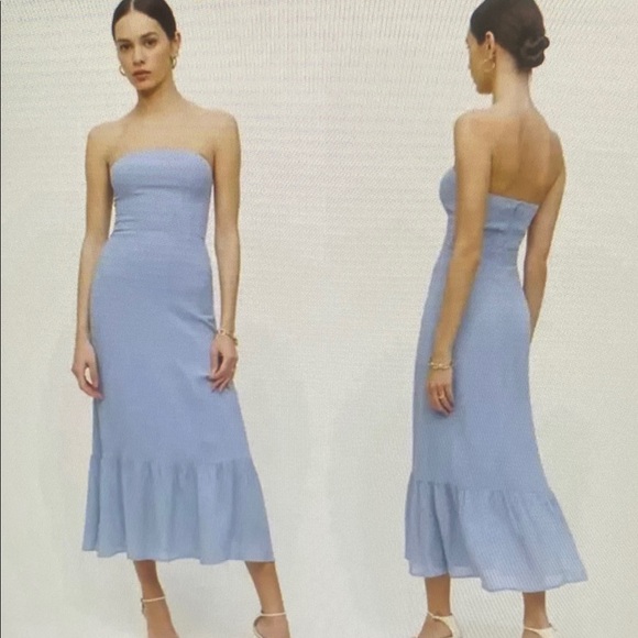 Reformation Blue Arta Strapless Midi Dress In Mineral - Picture 1 of 3